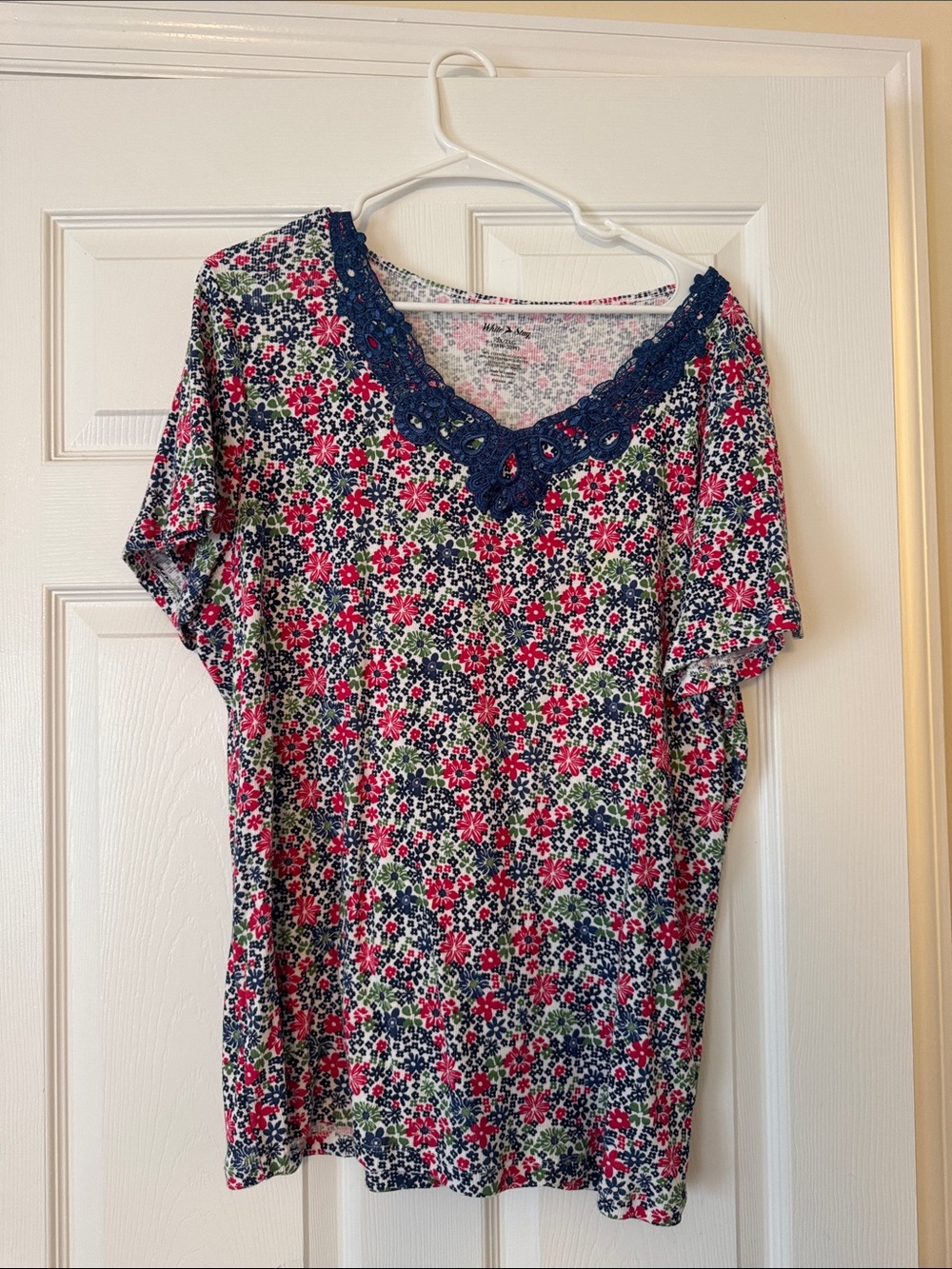 White Stag Pink Floral Short-Sleeve Tee with Navy Lace V-Neck